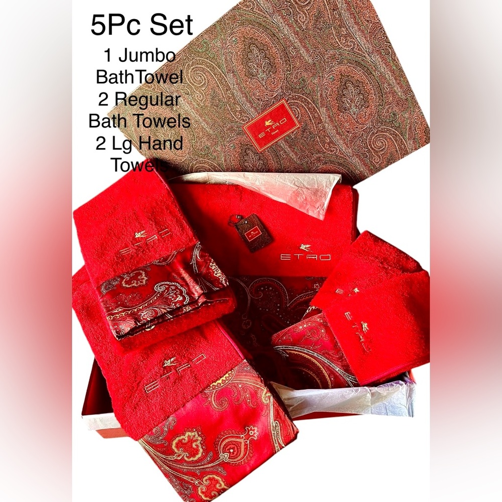 Etro 5Pc RP$850 Towel Set 1 JumboTowel/2 bath towels/2 HandTowels RichRedVelvet